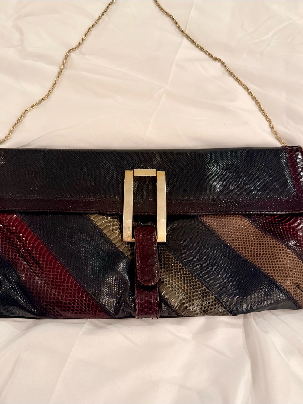 Bags By Varon Snake Skin Patchwork Bag Shoulder Chain Envelope Clutch Vtg 70s